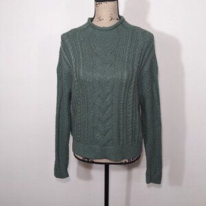 NWT J. Crew Roll Neck Cable Knit Sweater Womens Size M Green Preppy Fisherman